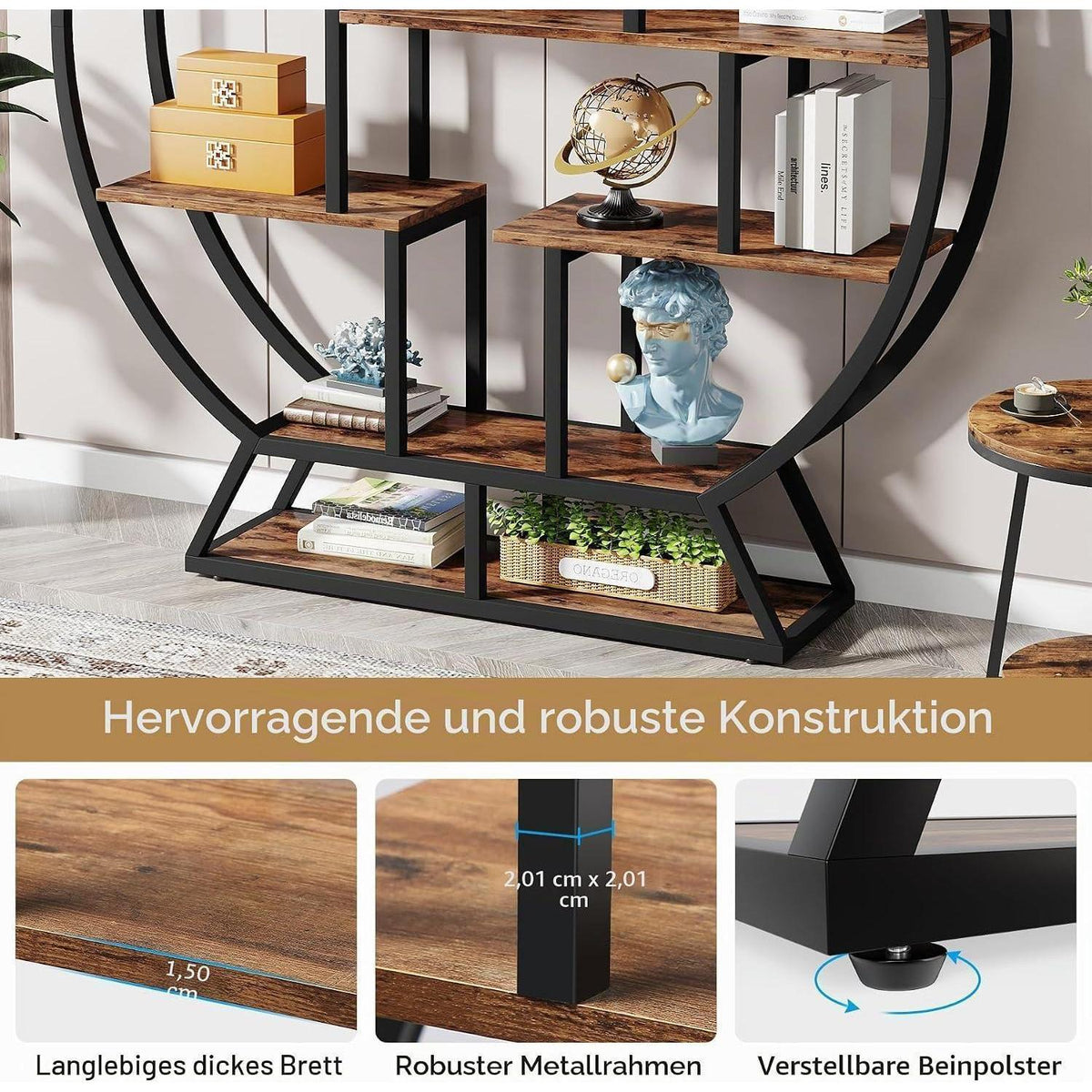 Rundes Bücherregal Industrie-Stil, 5 Etagere, 160cm hoch