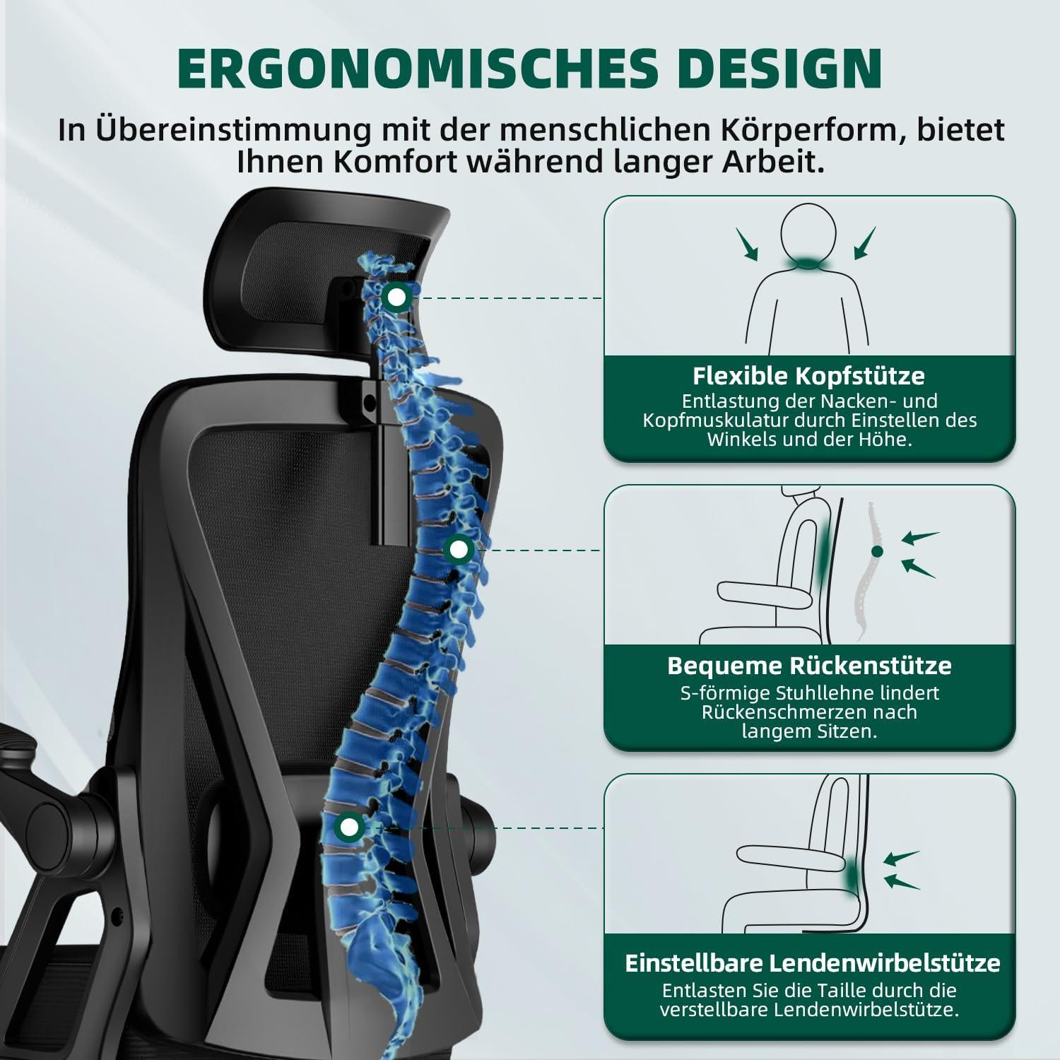 Airchros Bürostuhl Ergonomisch Verstellbar Wippfunktion 135° Rückenschonend