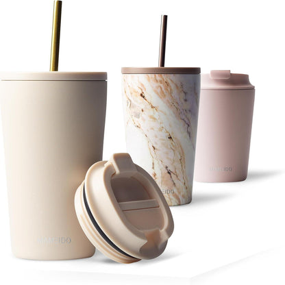 Thermobecher mit Strohhalm 470ml doppelwandig isoliert Ivory