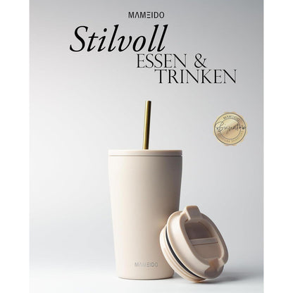 Thermobecher mit Strohhalm 470ml doppelwandig isoliert Ivory