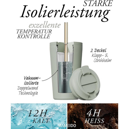 Thermobecher mit Strohhalm 700ml doppelwandig isoliert