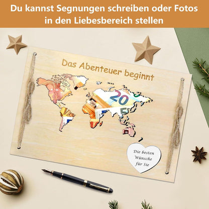 Geldgeschenk Hochzeit Holz Weltkarte Grußkarte 3-in-1 Geschenk 27x19cm