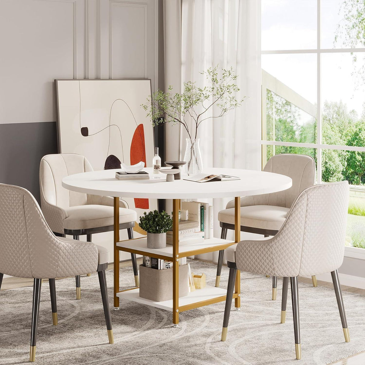 Runder Esstisch mit Ablage | 120x75cm | Weißgold | Esszimmer Küchentisch