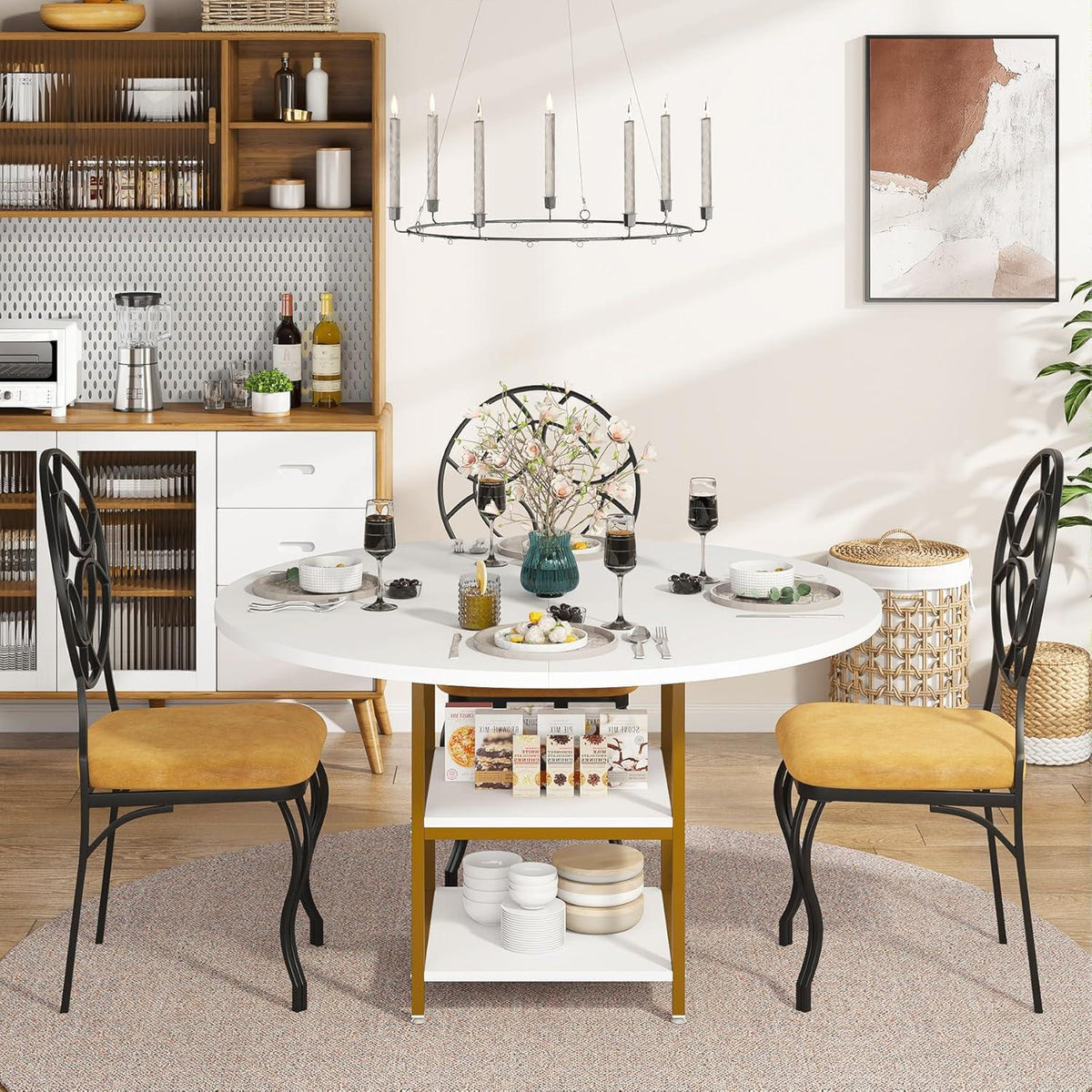 Runder Esstisch mit Ablage | 120x75cm | Weißgold | Esszimmer Küchentisch