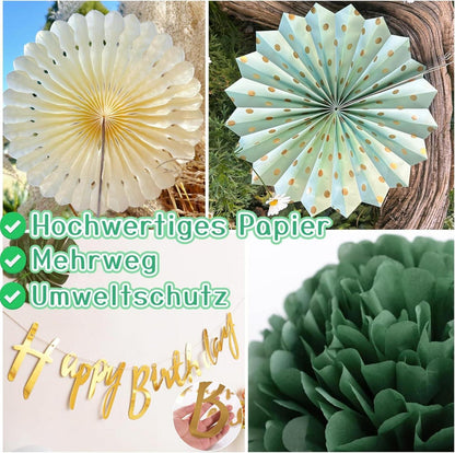 Premium Happy Birthday Deko Set 30.Geburtstag Frauen Wimpelkette Pompons Sage