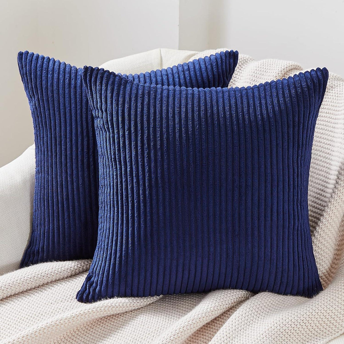 Kissenbezüge 40x40 Blau Kordsamt 2er Set gestreiftes Muster