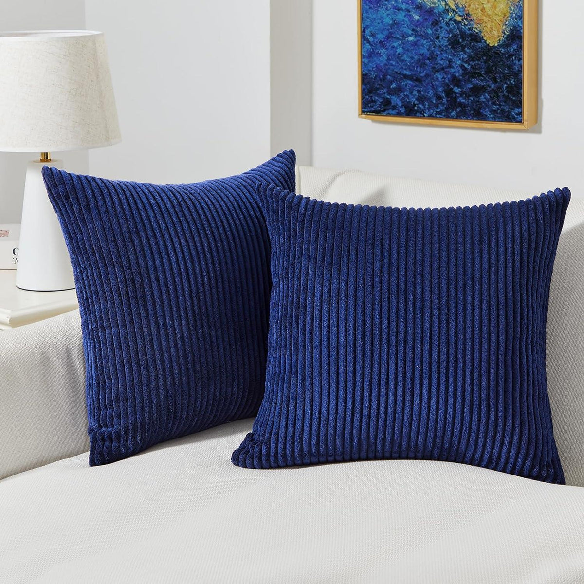 Blauer Kissenbezug 50x50 Kordsamt gestreift 2er Set