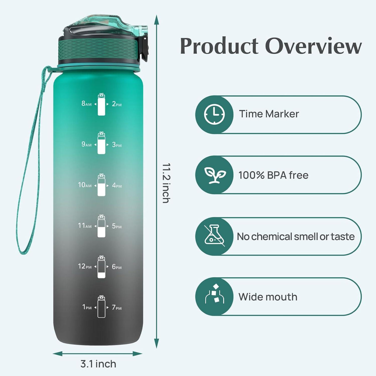 NAVTUE 1l Sport-Wasserflasche Strohhalm Zeitmarkierungen