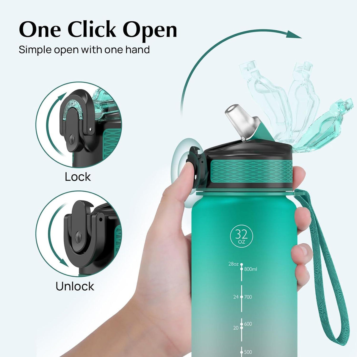 Sport-Wasserflasche mit Strohhalm und Zeitmarkierungen, 1 Liter, auslaufsicher, BPA-frei