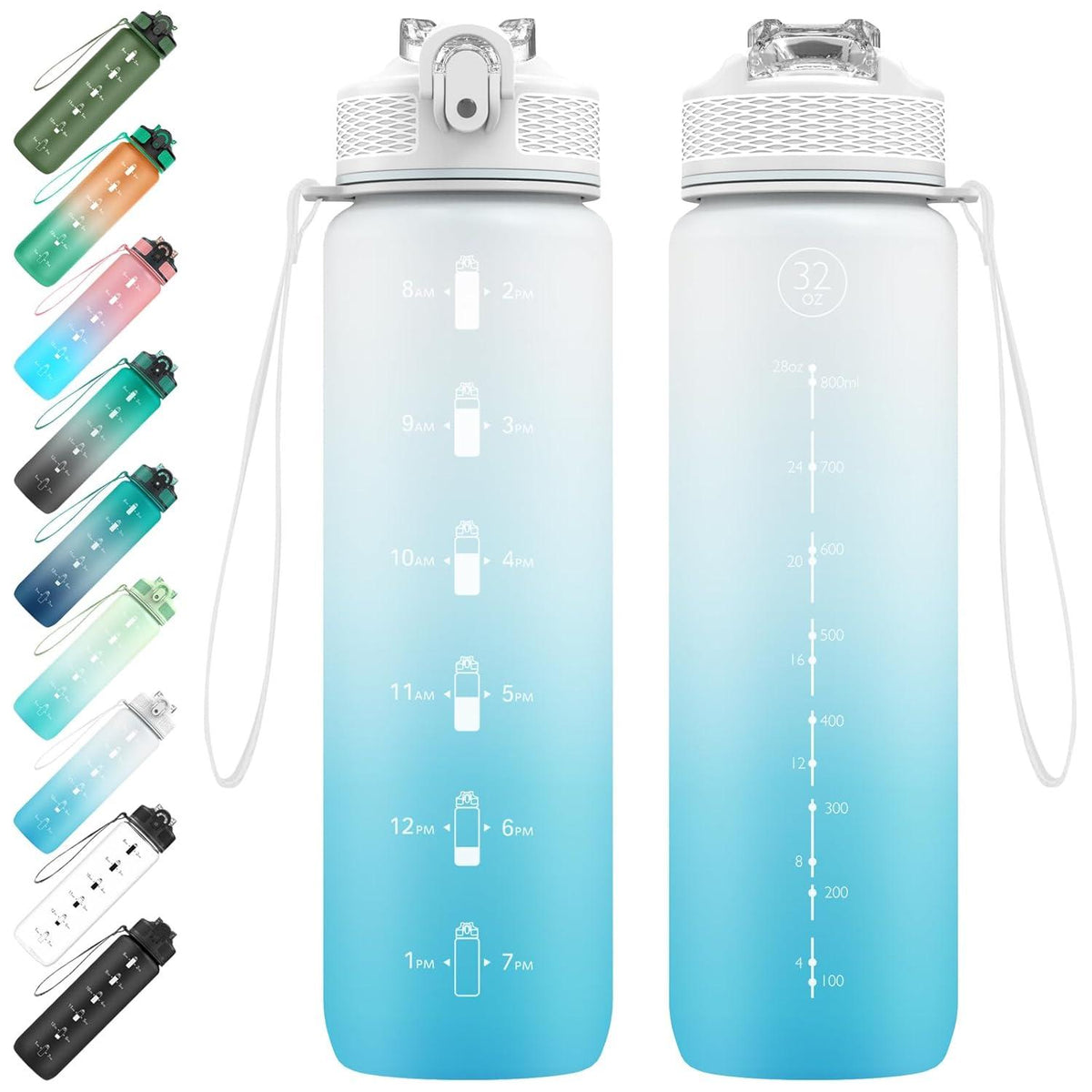 Sport-Wasserflasche 1 Liter mit Strohhalm und Zeitmarkierungen in Blau