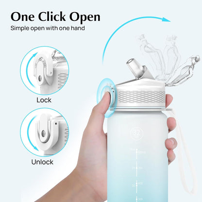Sport-Wasserflasche mit Strohhalm und Zeitmarkierungen, auslaufsicher, BPA-frei, 1