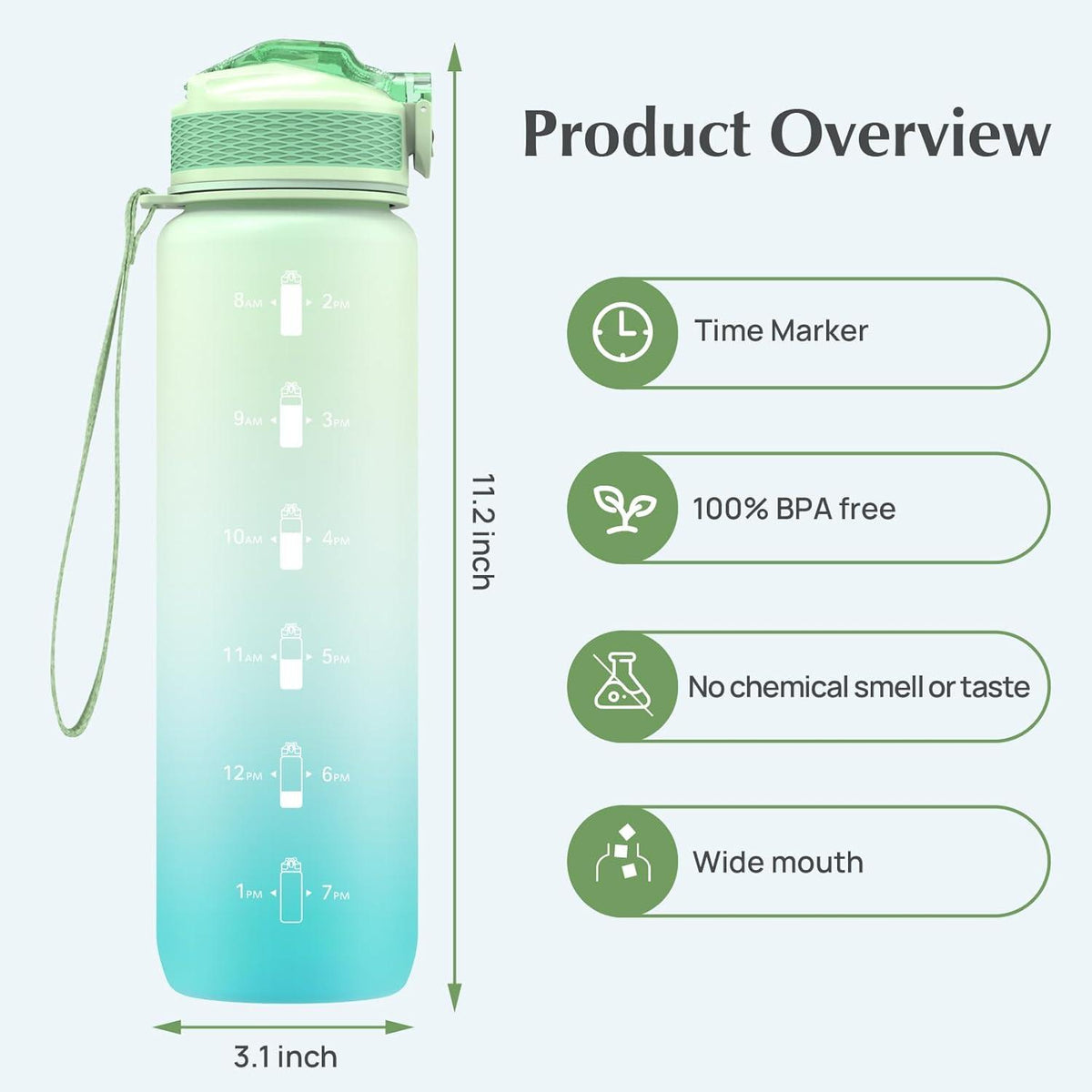 Sport-Wasserflasche 1l mit Strohhalm und Zeitmarkierungen