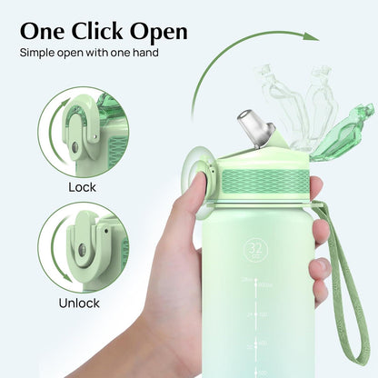 Sport-Wasserflasche 1 Liter mit Strohhalm, Zeitmarkierungen, auslaufsicher, BPA-frei (Blaues