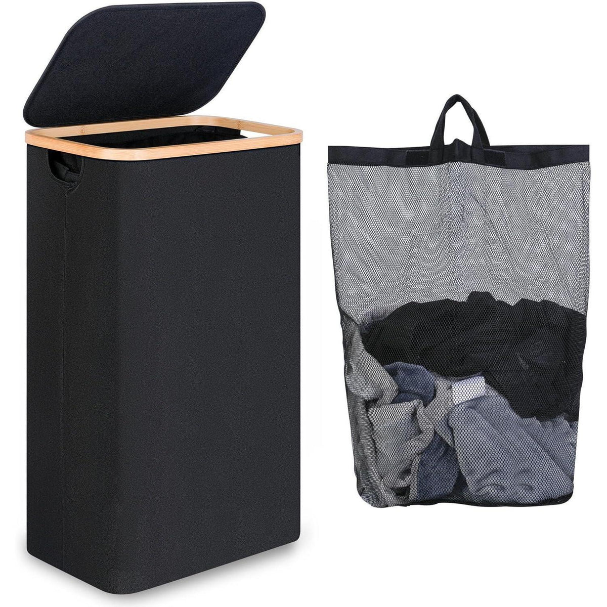Schmaler Wäschekorb mit Deckel & Innentasche, 75L, Schwarz