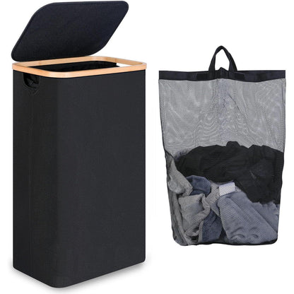 Schmaler Wäschekorb mit Deckel & Innentasche, 75L, Schwarz
