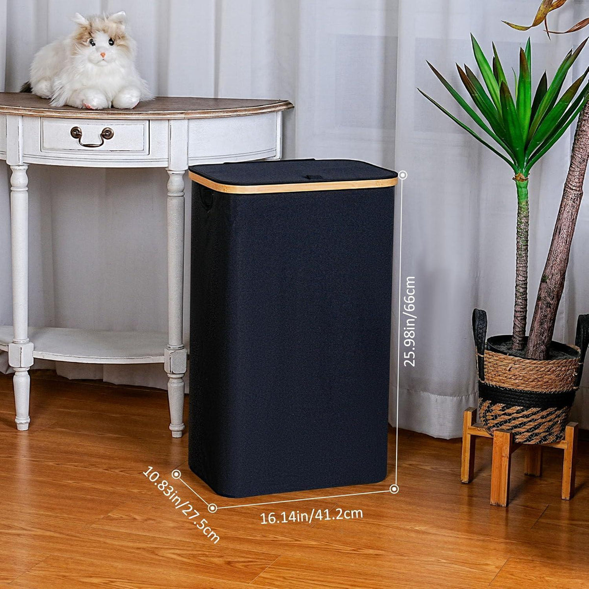 Schmaler Wäschekorb mit Deckel & Innentasche, 75L, Schwarz