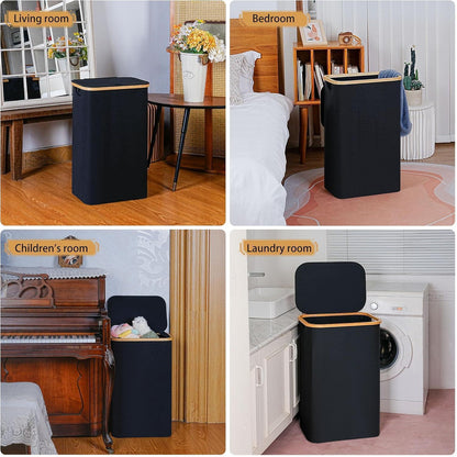 Schmaler Wäschekorb mit Deckel & Innentasche, 75L, Schwarz