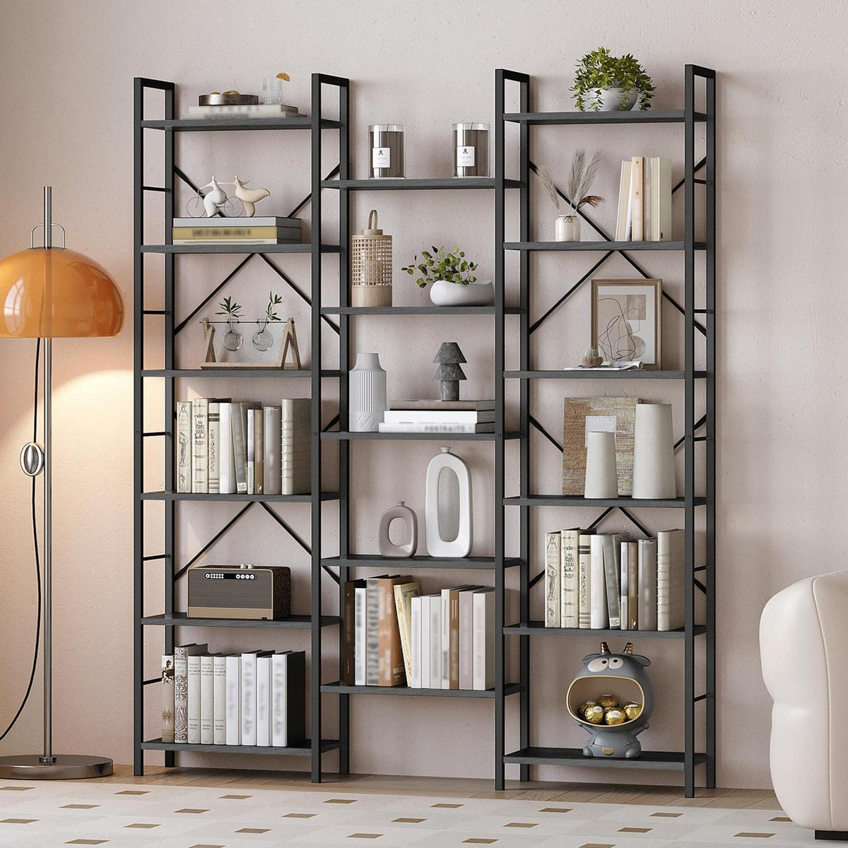 6-Etagen Bücherregal Schwarz mit Holzmaserung – 17 Fachböden, 340 kg
