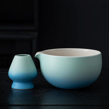 Matcha-Schale Keramik Set blau-weißer Farbverlauf 530ml