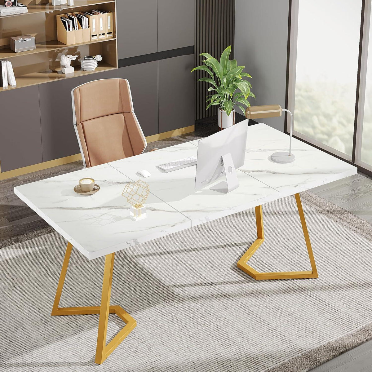 Weiß-Goldener Schreibtisch 140x80cm – Modernes Home Office