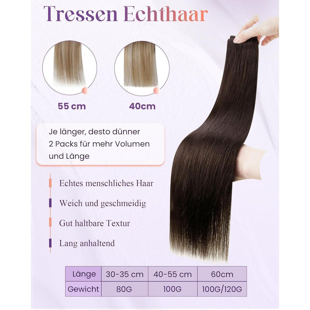 Echthaar Tressen Zum Einnähen Dunkelbraun 50g, 50cm