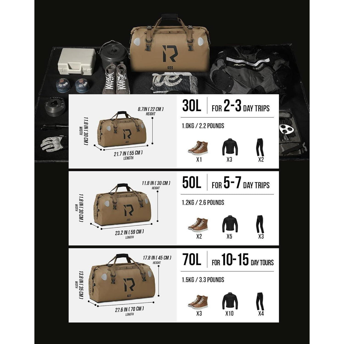 Wasserdichte Motorrad Gepäckrolle 50L – Braun