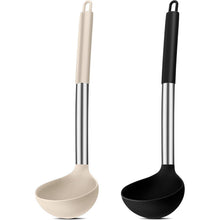 Silikon Suppenkelle 2er Set, Hitzebeständig, Edelstahlgriff, Schwarz & Khaki