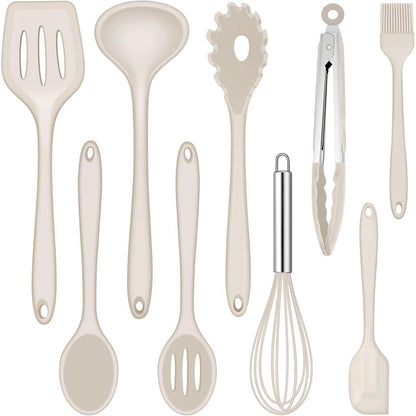 9-teiliges Silikon Küchenhelfer Set Khaki, Hitzebeständig & Antihaft