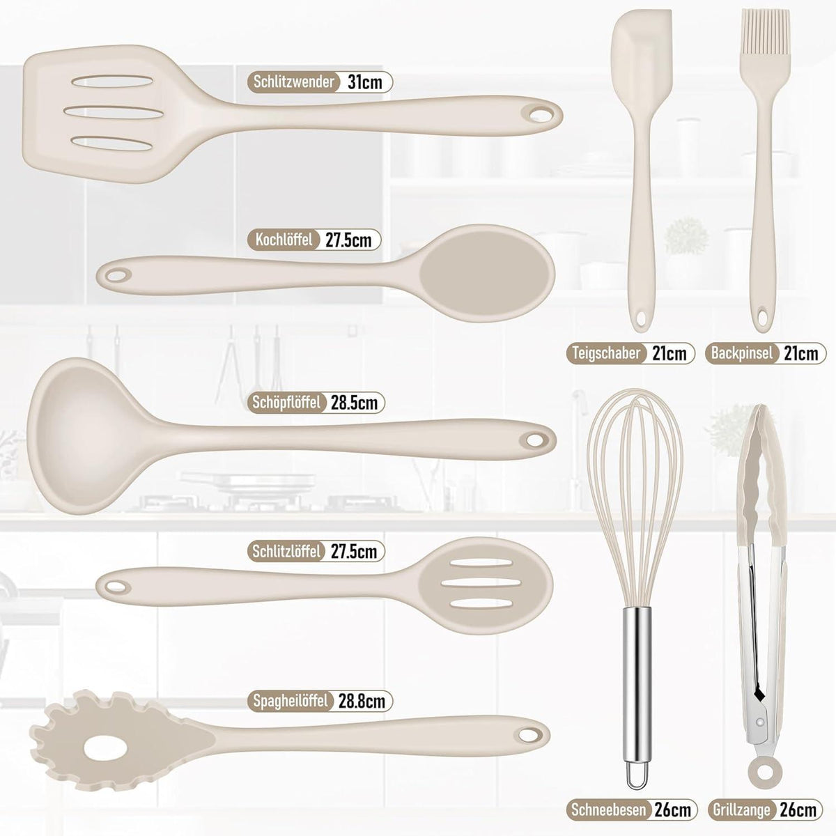 9-teiliges Silikon Küchenhelfer Set Khaki, Hitzebeständig & Antihaft