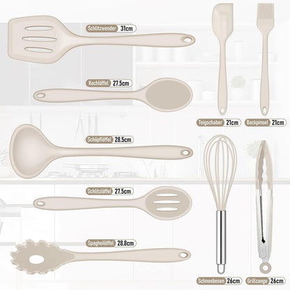 9-teiliges Silikon Küchenhelfer Set Khaki, Hitzebeständig & Antihaft