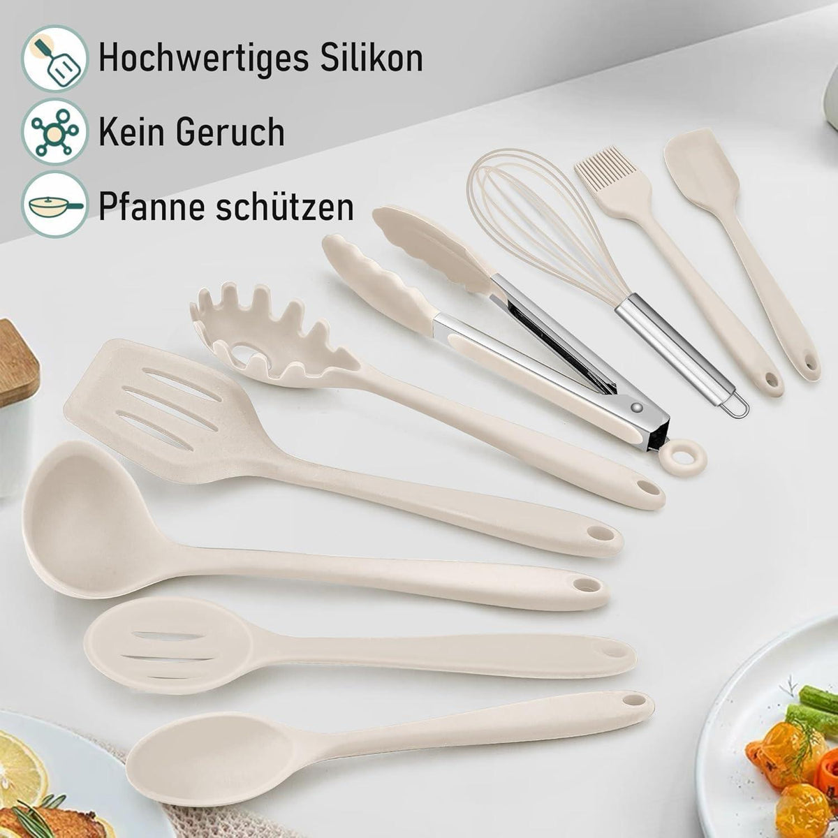 9-teiliges Silikon Küchenhelfer Set Khaki, Hitzebeständig & Antihaft