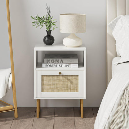 Boho Nachttisch Rattan Holz Schublade Regal golden Schlafzimmer