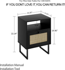 Nachttisch Rattan Boho Bauernholz Schublade Regal Schwarz