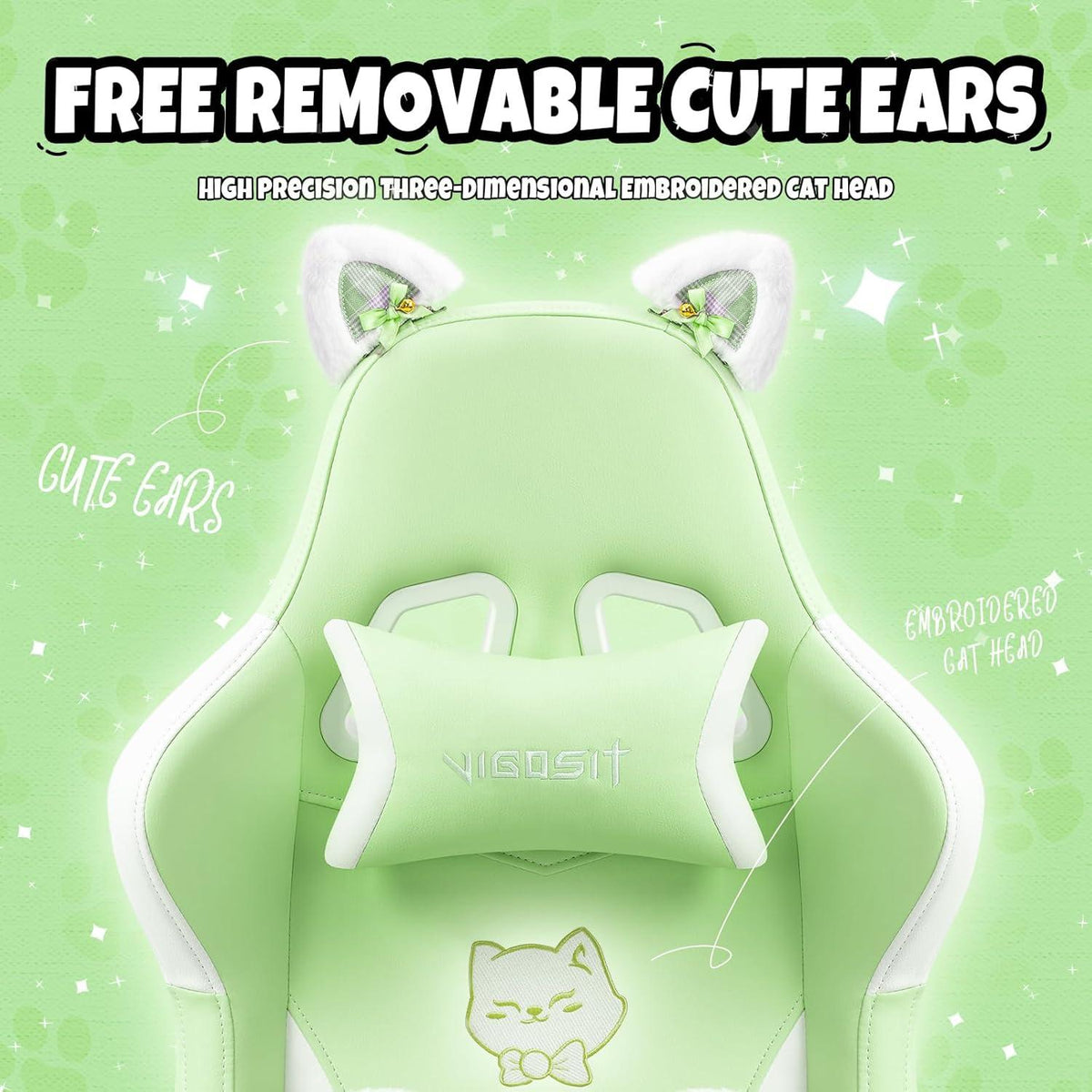 Cute Gaming Stuhl Kinder Mädchen ergonomisch Katzenohren Lendenkissen Green
