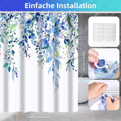 Duschvorhang Blau Pflanze 200x240cm Wasserdicht & Waschbar