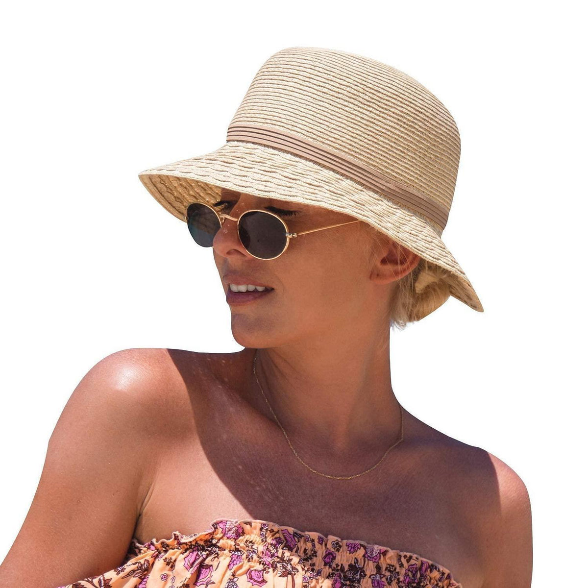 Damen Sonnenhut Faltbar Strohhut UV-Schutz Beige L