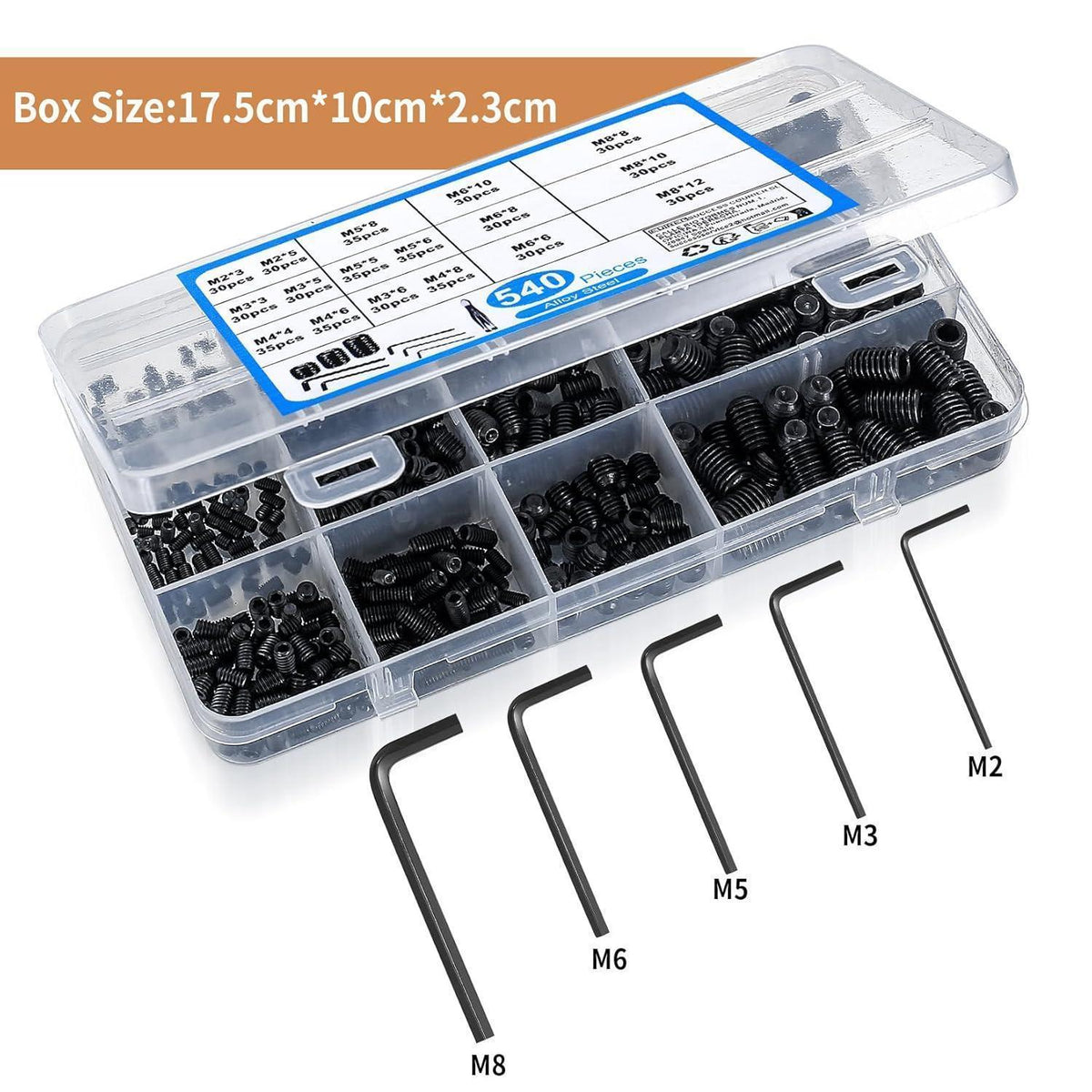 Madenschrauben Set 540tlg. Innensechskant M2-M8 Edelstahl schwarz