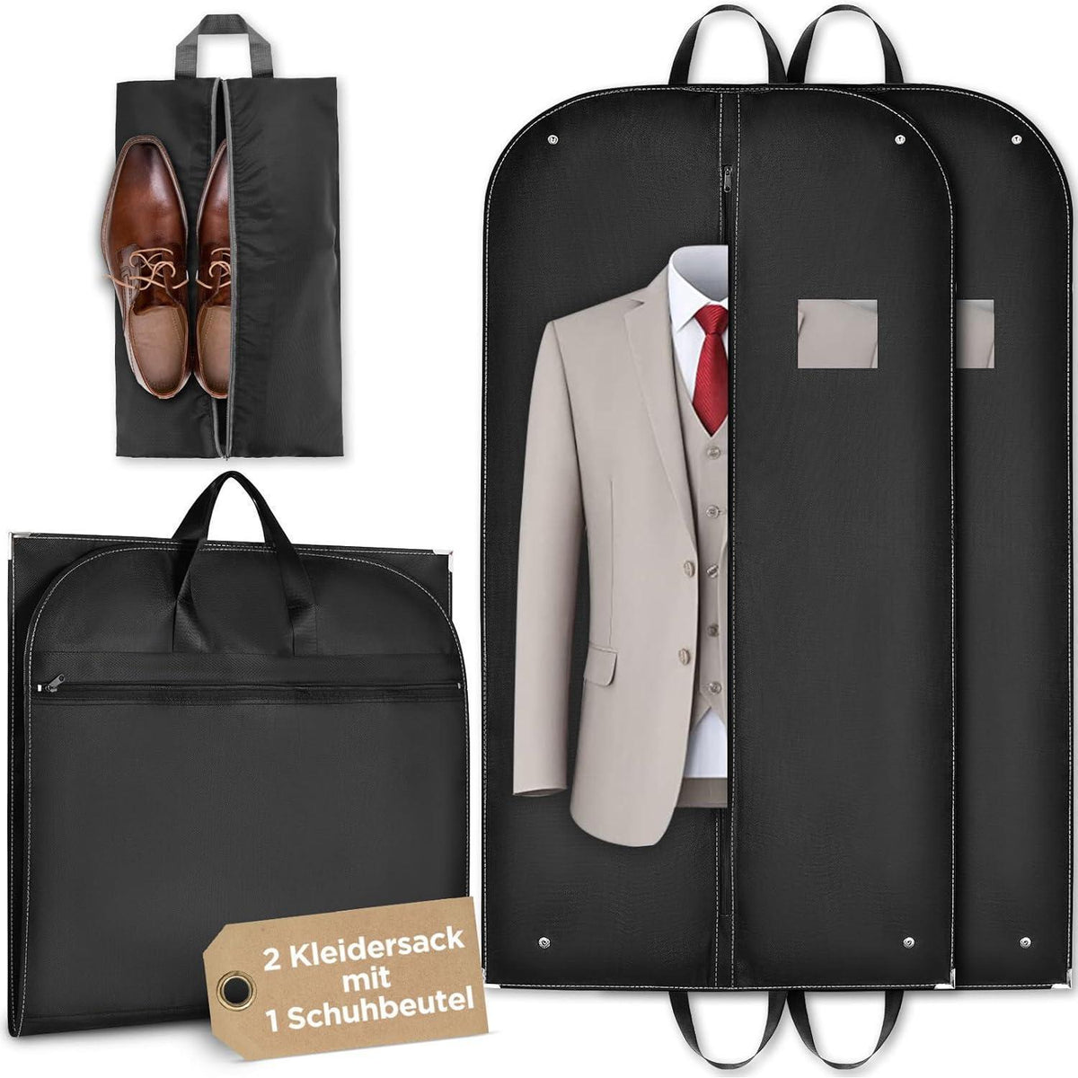 Kleidersack 2er-Set mit Schuhbeutel, 110x60cm, Schwarz