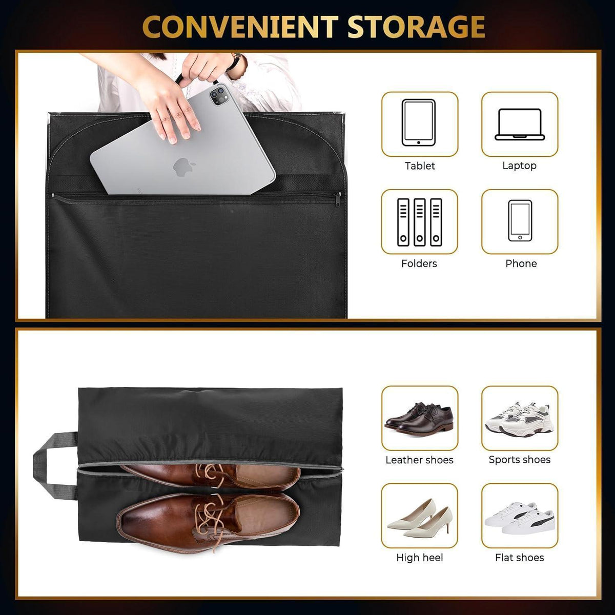 Kleidersack 2er-Set mit Schuhbeutel, 110x60cm, Schwarz