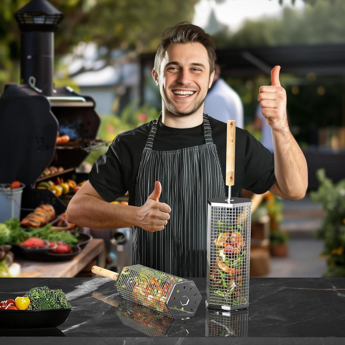 Rollender Grillkorb aus Edelstahl mit Holzgriff, 2 Sechseckig
