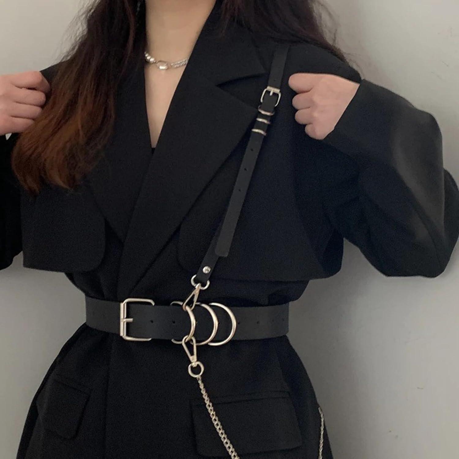 TUYMNI Damen Punk Taillengürtel Leder Harness Schwarz Gothic Kettengürtel