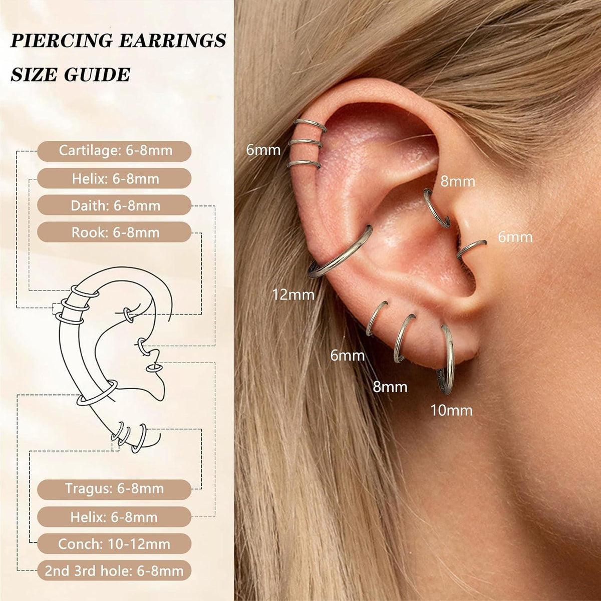 8er Set Nasenpiercing Ringe 16G/18G Chirurgenstahl Septum Clicker Gold Silber Schwarz