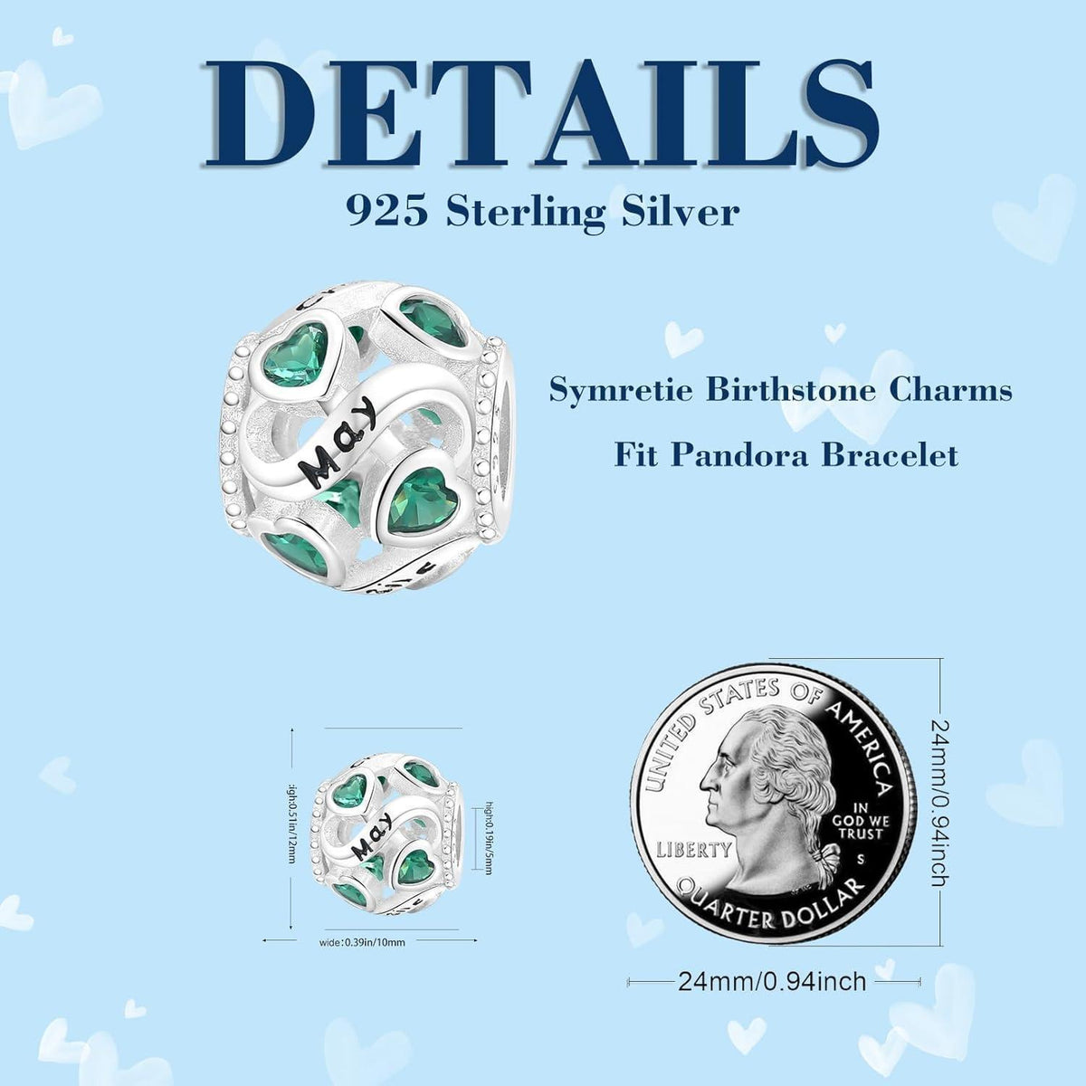925 Sterling Silber Geburtsstein Charm Anhänger - Mai Herz Bead für Damen