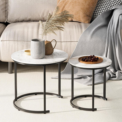 Runder Couchtisch Set Gold Metall, Marmor Weiß, 2-teilig