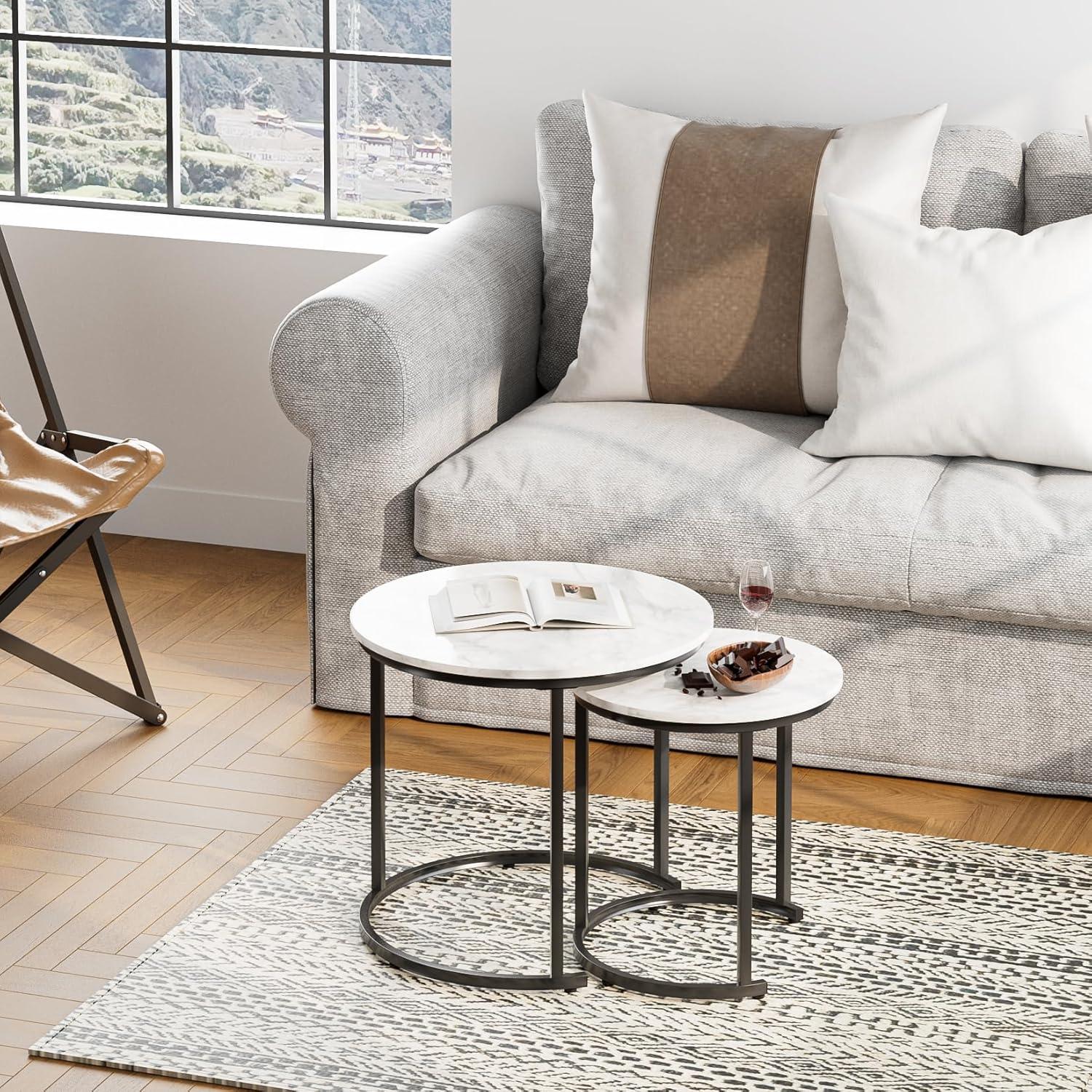 Runder Couchtisch Set Schwarz Metall Marmor Style 2er Beistelltisch Modern
