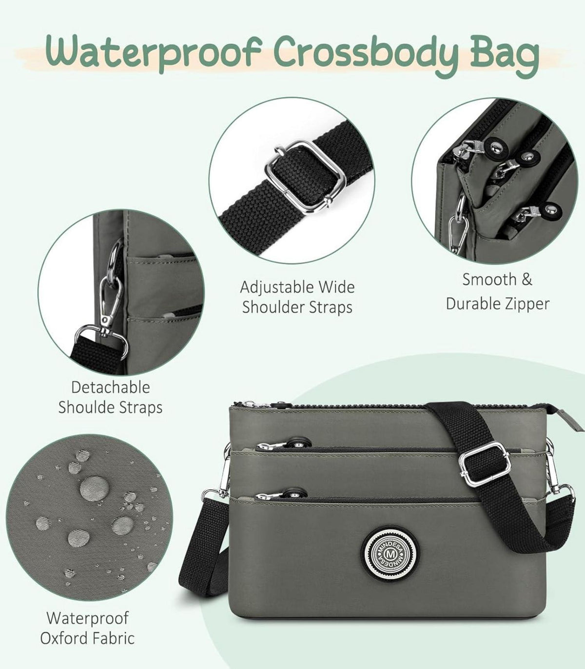 VOBUKE Umhängetasche Damen Mittelgroß Nylon Wasserdicht Crossbody Bag Grün Grau