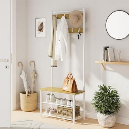 Holz Garderobenständer mit Sitzbank & Schuhregal Weiß