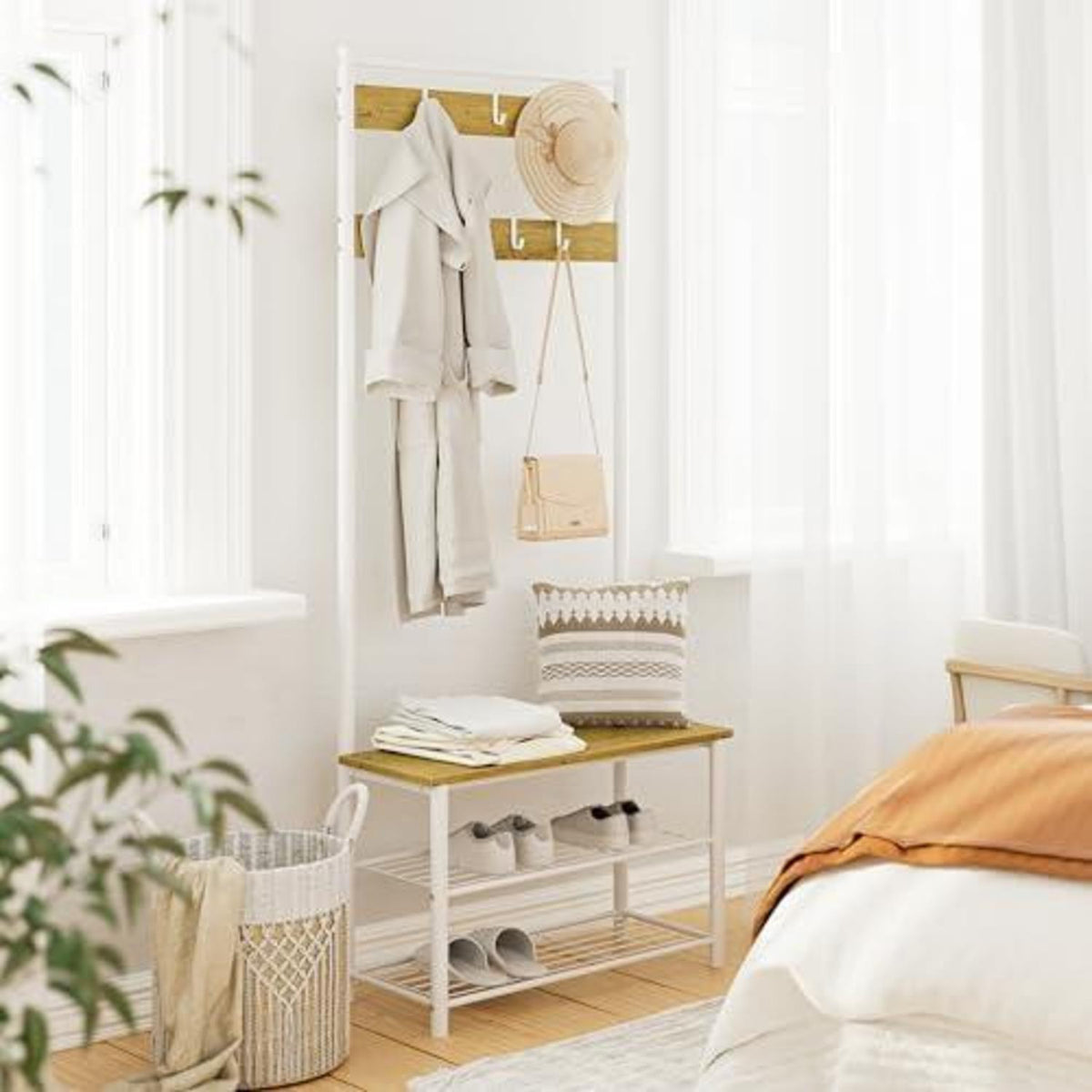 Holz Garderobenständer mit Sitzbank & Schuhregal Weiß