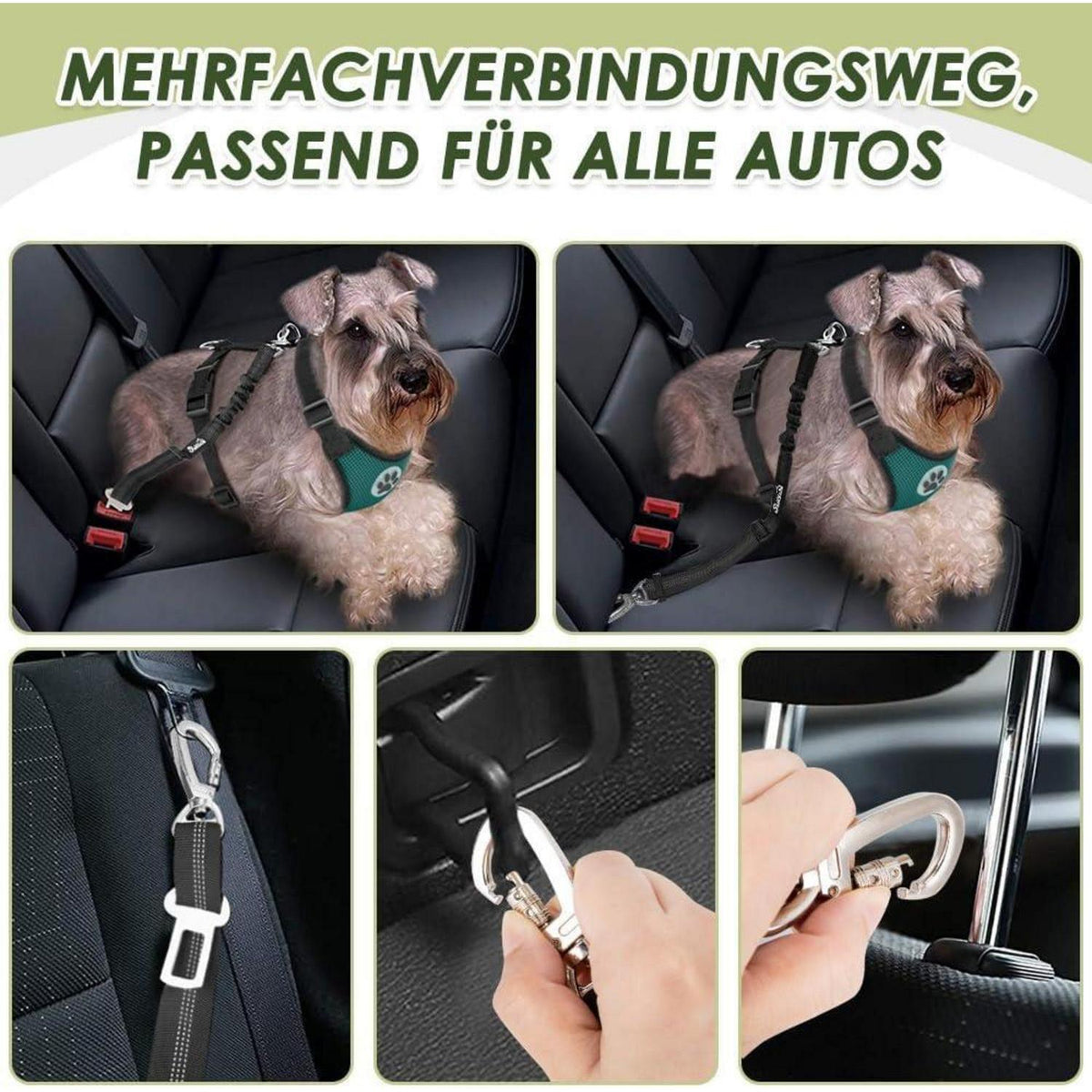 Hundegeschirr Auto Sicherheitsgurt Set – Atmungsaktiv, Grün, S