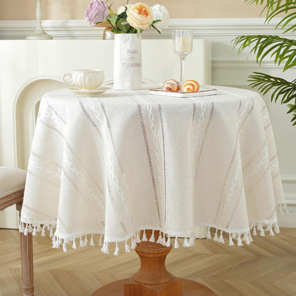 Böhmische Tischdecke rund, Makramee Leinen, 100cm, Elfenbeinweiß